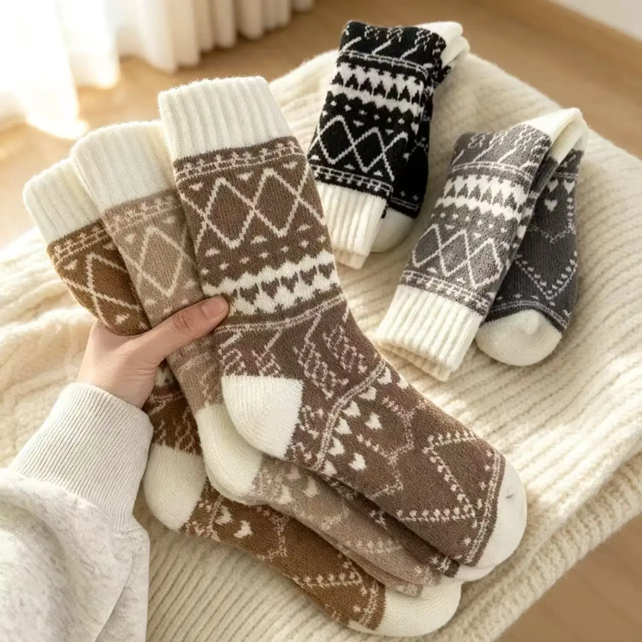 Vintage Fair Isle Knitted Socks for Women Winter Warm Thick Crew Socks Retro Geometric Pattern Soft Casual Thermal Socks