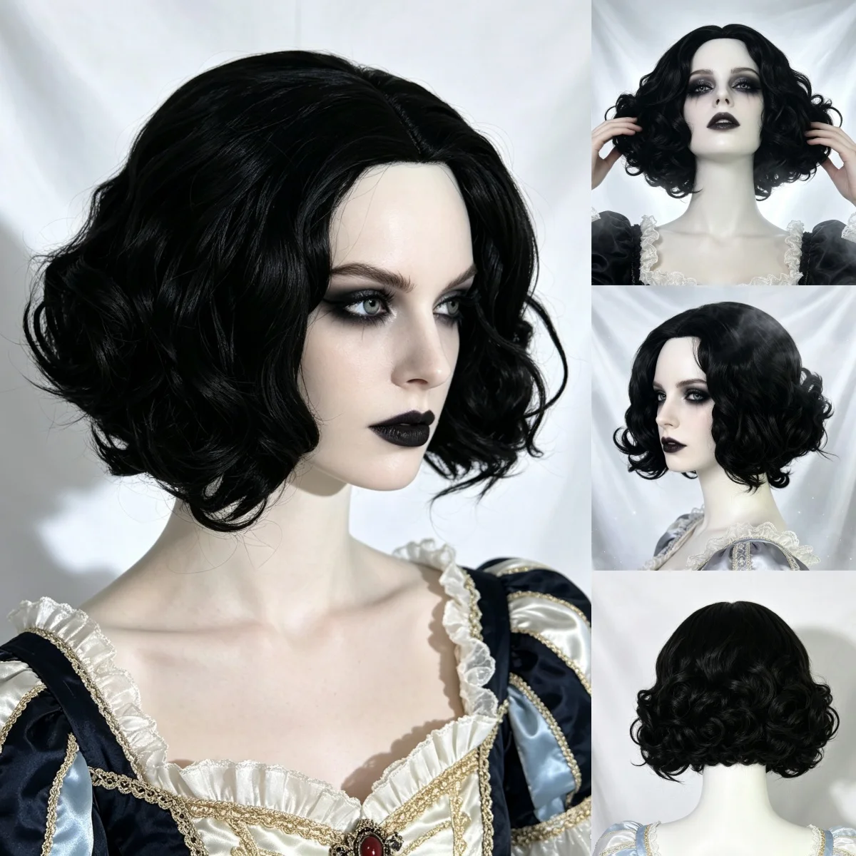 Retro Princess Short Black Curly Bob Synthetic Heat Resistant Wigs For Women Halloween  Christmas Cosplay Party Dress Up