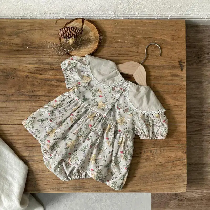 2026 Summer New Baby Girl Short Sleeve Floral Bodysuit Dress Cute Infant Girl Large Lapel Jumpsuit Cotton Newborn Clothes 0-24M