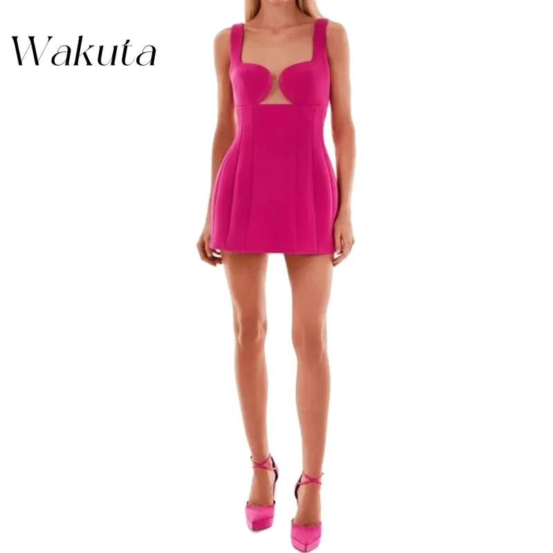 Wakuta-vestido de cóctel sin mangas con cuello cuadrado para mujer, minivestido Sexy de corte en A con cremallera en la espalda, color liso, estilo americano