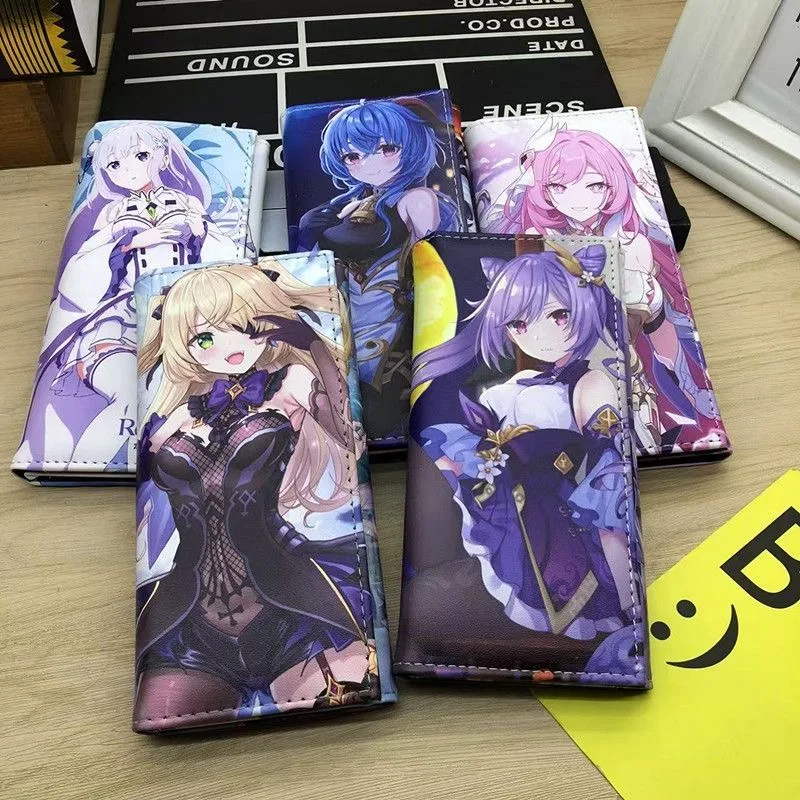 Genshin Impact Ganyu Long Wallet Cosplay PU Leather Purse Clutch Fischl Keqing Coin Bag Kids Fans Birthday Christmas Girls Gift