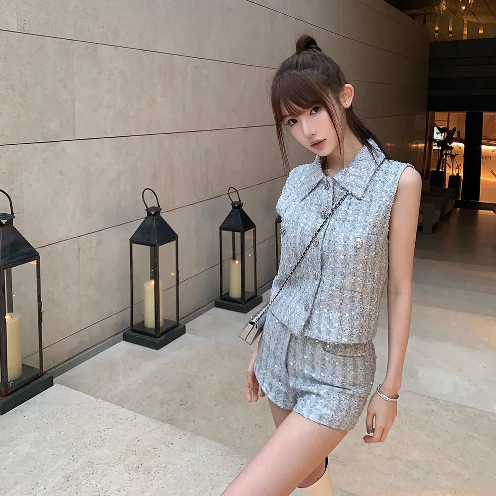 Korean Elegant Small Fragrance Wind 2 Piece Suit Women Outfit Laper Vest Tops + Short Set Summer Sweet Tweed Two Piece Pant Sets