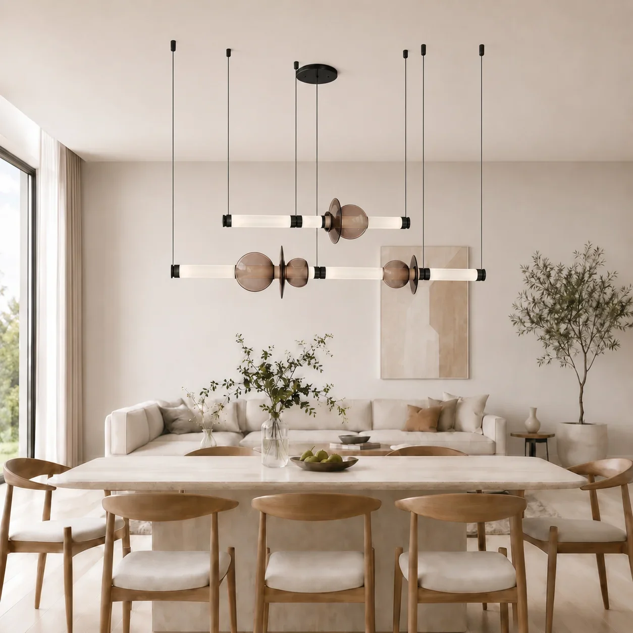 Glass Chandelier Modern Linear Pendant Light LED Hanging Fixture For Dining Room