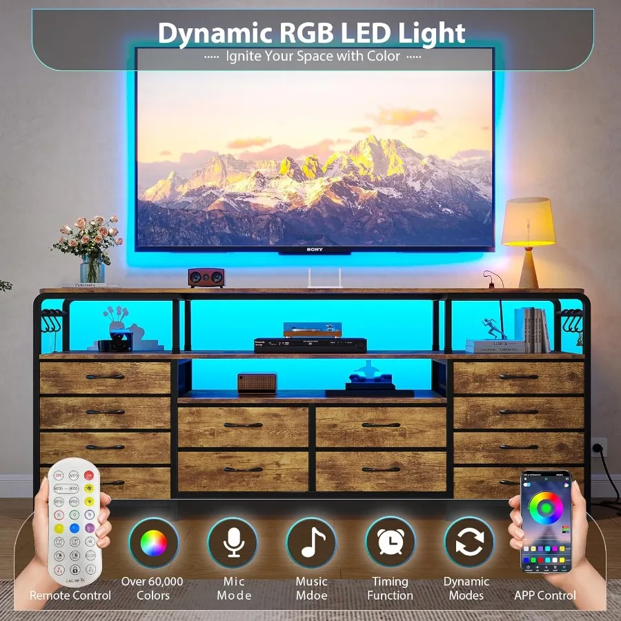 Suporte de tv para tv 65 70 polegadas, centro de entretenimento de 63 w com tomada de energia, luz led, cômoda longa com 12 gavetas de tecido para quarto