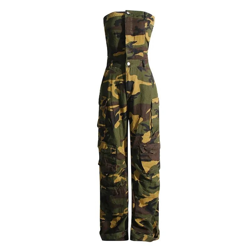Retro Style Camouflage Overalls Strapless Sleeveless High Waist Spliced Pockets Straight Leg Cargo Jumpsuits Casual Street Style
