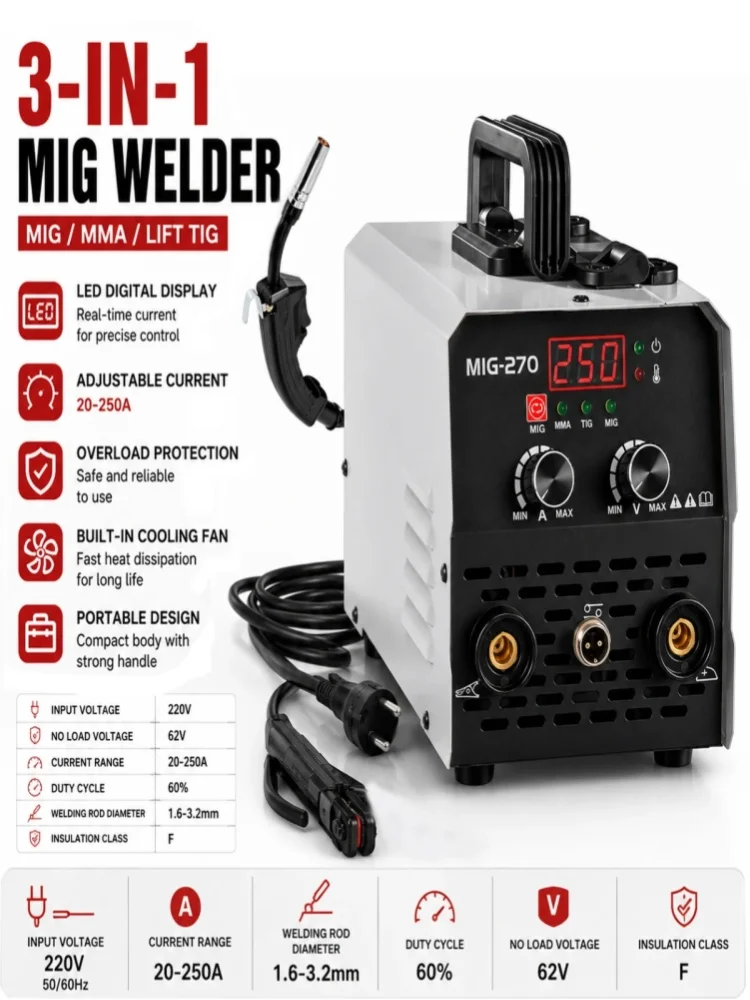 3-in-1 MIG MMA Lift TIG Schweißgerät 220V, 20-250A IGBT Inverter-Schweißgerät mit LED-Digitalanzeige, tragbares Lichtbogenschweißgerät für Heim- und Profi-Anwendung