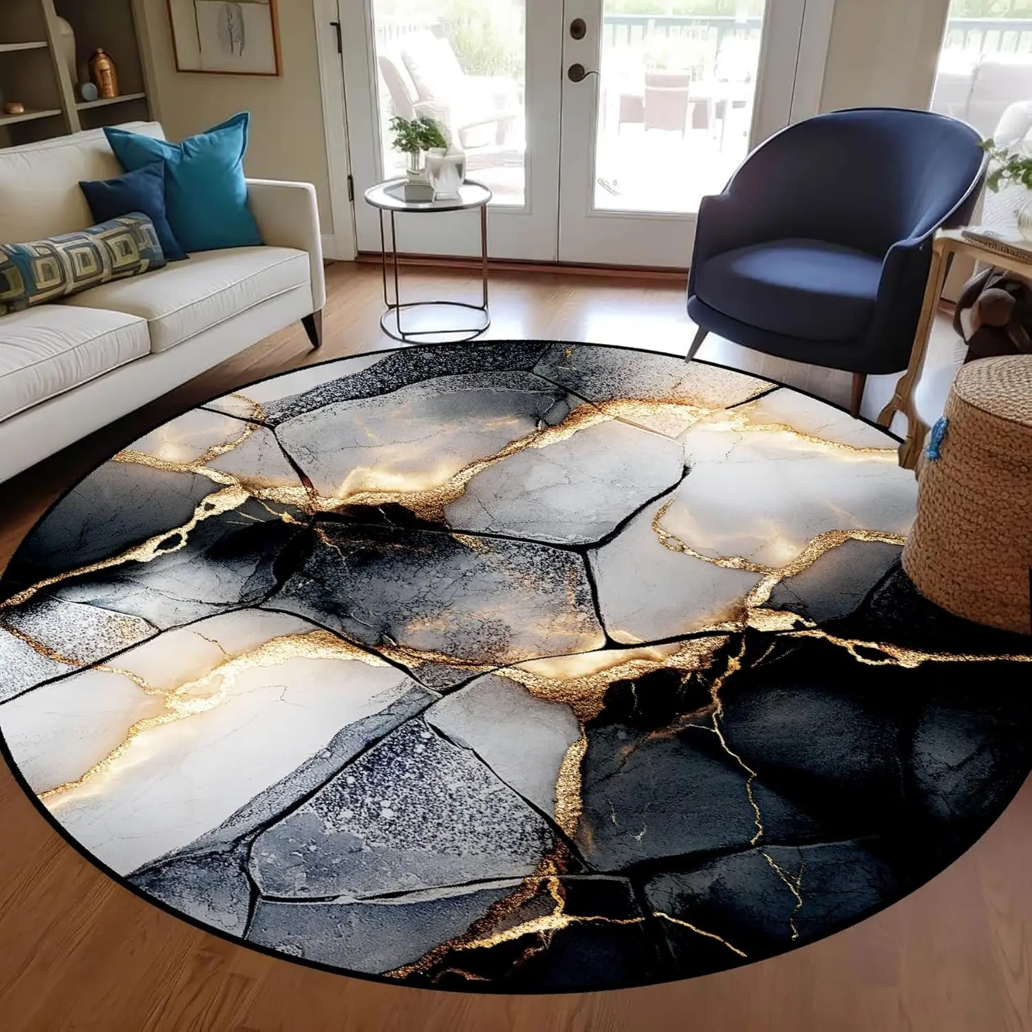 Glowing Gold Ring Round Rug Teal Blue Liquid Ink Marble Area Carpet Abstract Luxury Pattern Living Room Bedside Floor Element
