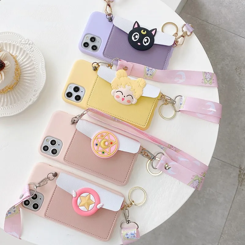 Necklace Card bag Leather Wallet Phone Cases for iPhone 15 14 13 12 mini 11 Pro Max X Xr XS Max Lanyard Strap Flower Cover