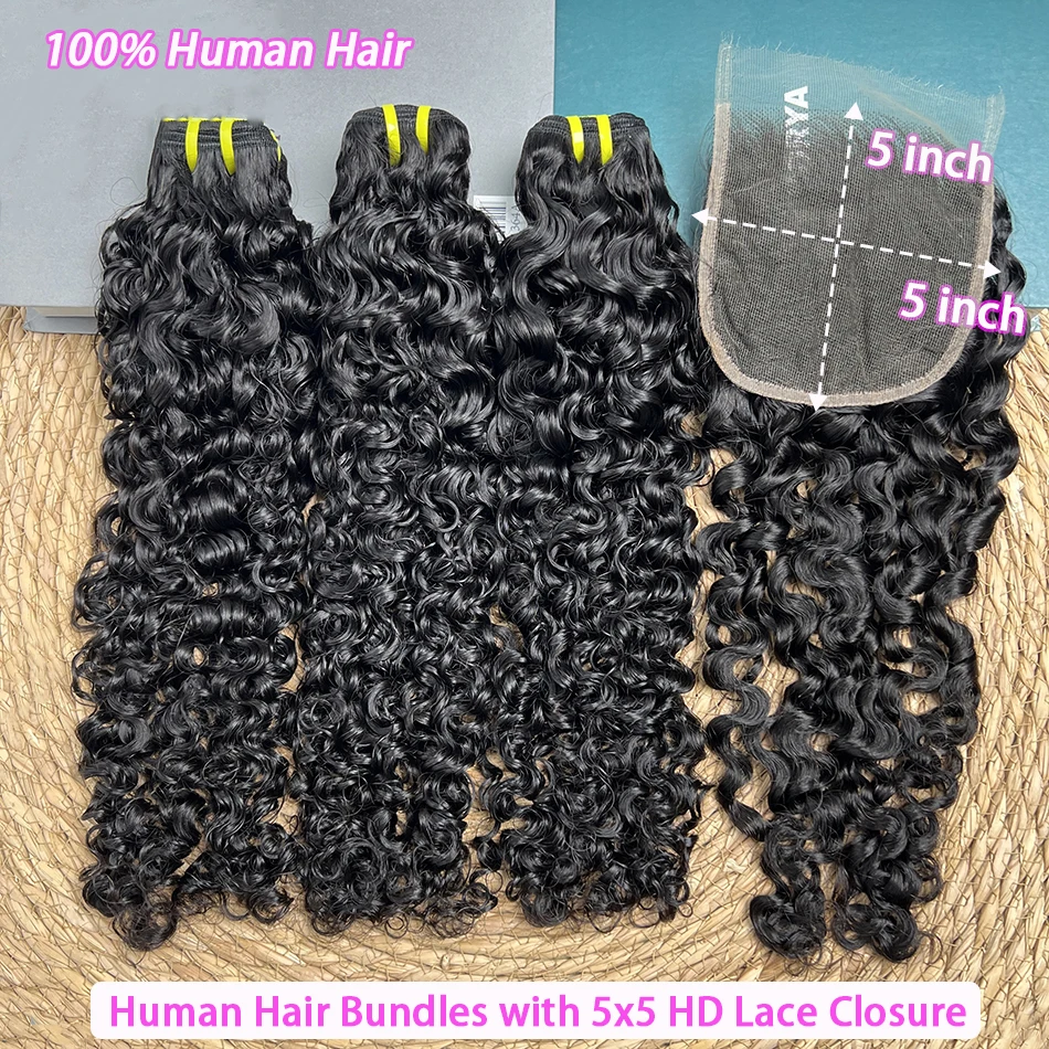 Birmese krullende bundels met 5x5 HD transparante vetersluiting 100% echt haar # 1B natuurlijke kleur ruwe maagdelijke haarweefselextensies - afbeelding 2