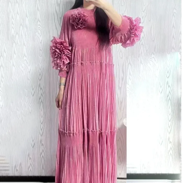 Gonna Lunga Floreale da Donna per Autunno e Inverno, Vestibilità Ampia e Snellente, Stile Mamma, Blu, Vita Alta, in Fibra di Poliestere