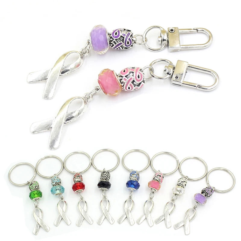 New Arrival Cancer Keychains White Black Blue Green Purple Pink Ribbon Breast Cancer Awareness Keyring Handbag Key Holder Charm