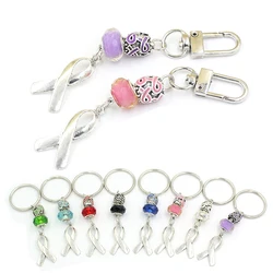 New Arrival Cancer Keychains White Black Blue Green Purple Pink Ribbon Breast Cancer Awareness Keyring Handbag Key Holder Charm