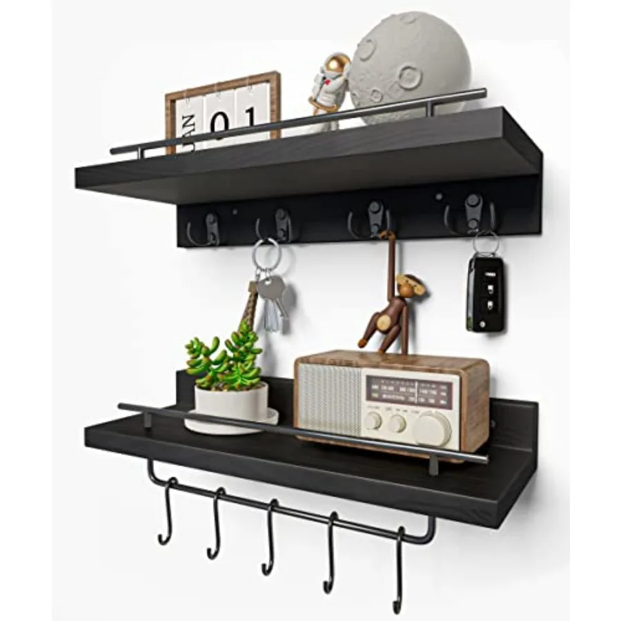 

Wood Floating Shelves with Metal Hooks Wall Mounted Coat Rack with Shelf Set of 2 Bathroom Wall Shelf with Removable Towel Bar