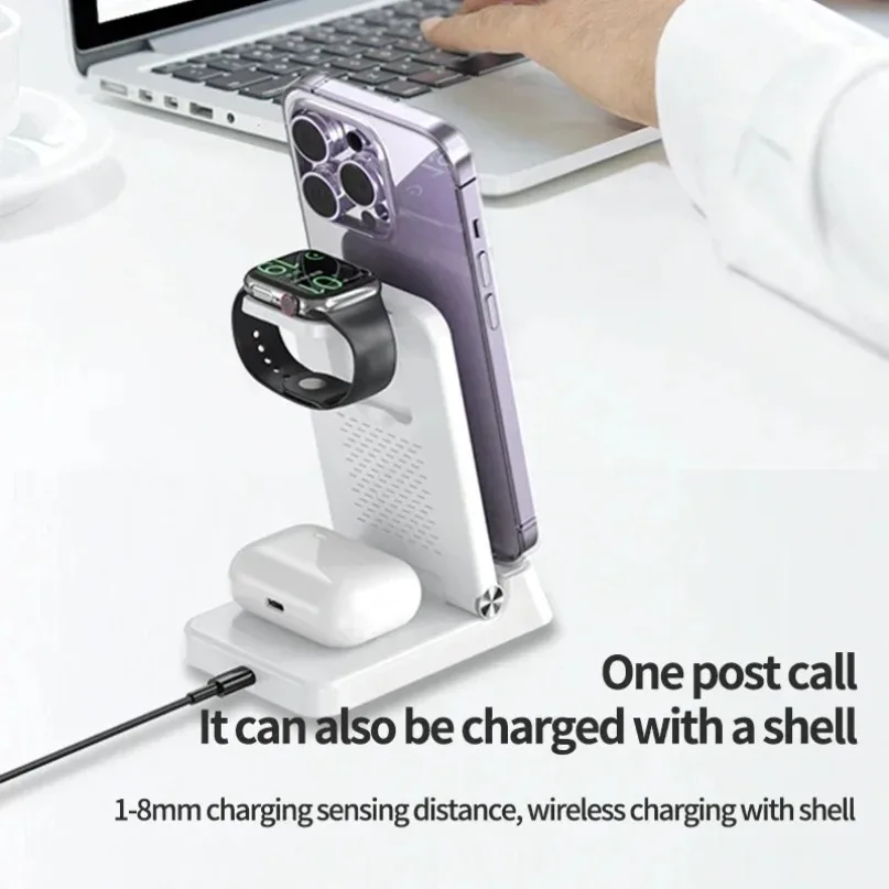 4 in 1 Quick Wireless Charger Dock Alarm Clock Phone Stand For iPhone Samsung S25 Xiaomi Apple Watch 10-2 AirPods Pro2/1 Buds3/2