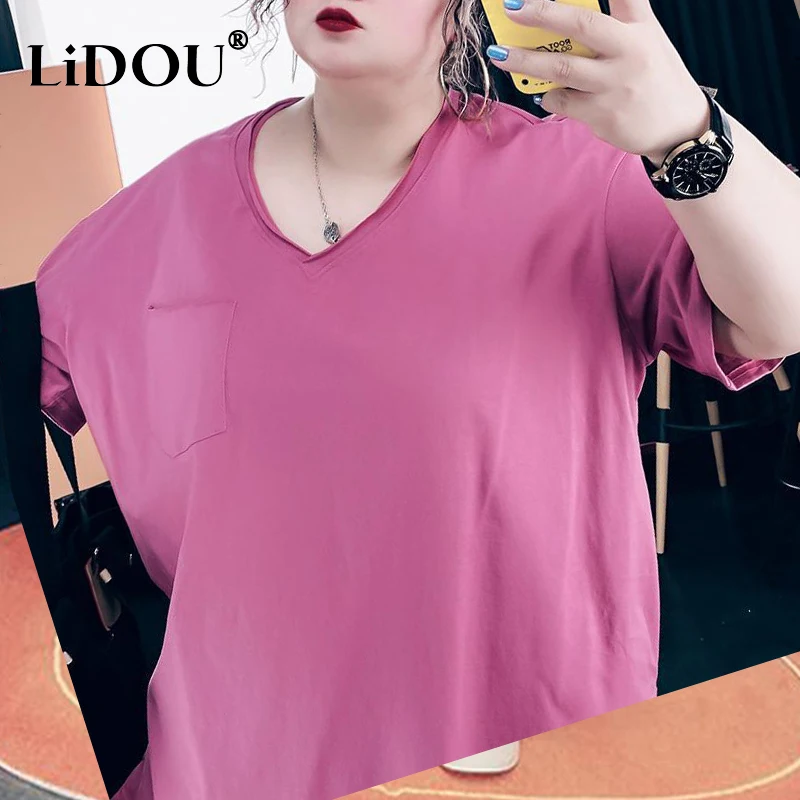 Camiseta veraniega de media manga para mujer, camiseta veraniega de media manga, versátil e informal, color liso, talla grande, novedad de 2023