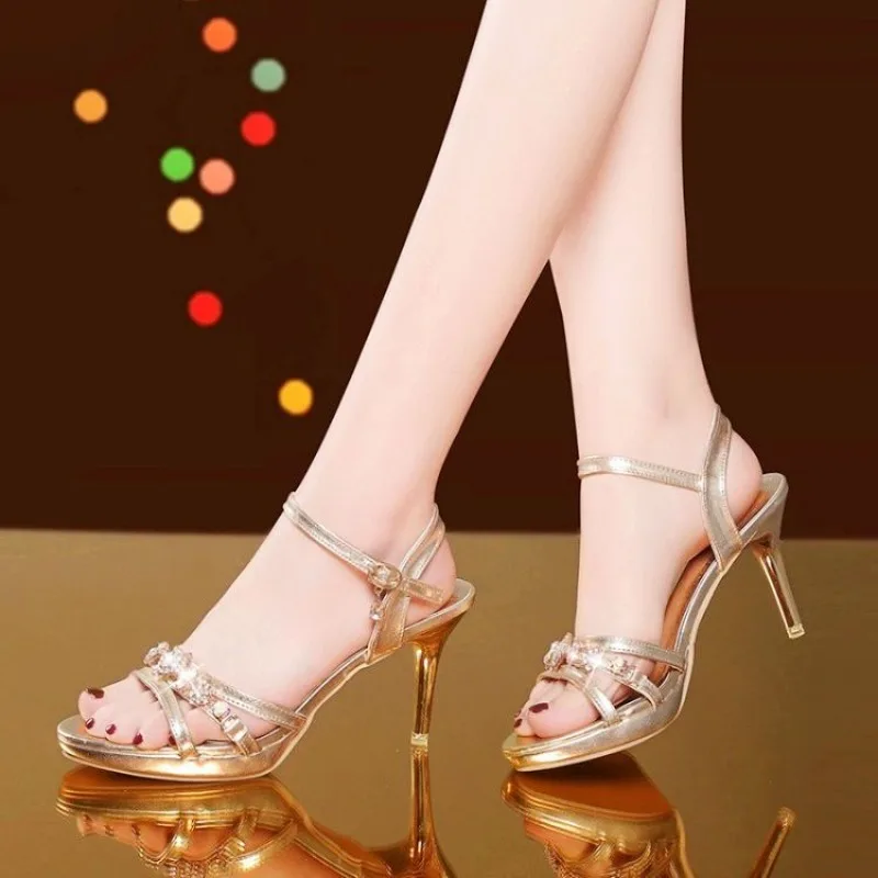 New 2023 Summer Luxury Designers Women Sandals Fashion Gold Rhinestone Thin High Heel Shoes Ladies Elegant Party Dress Sandalias