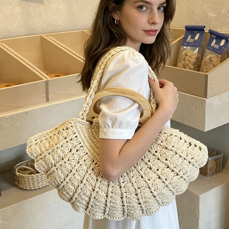 

2026 New Retro Boho Shell Shape Crochet Woven Bag Handmade Large Capacity Wooden Handle Tote for Women Summer Beach Travel