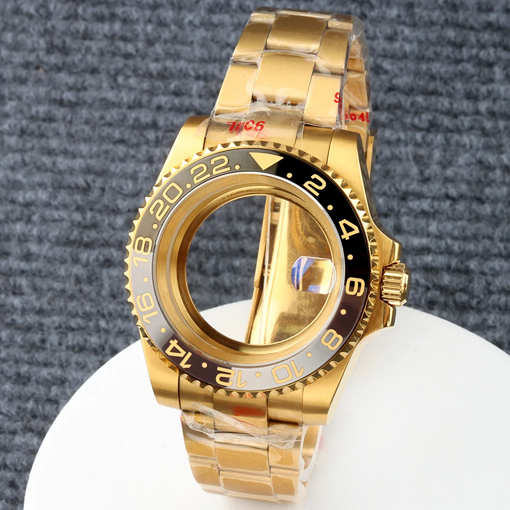 

Золотой корпус и ремешок для часов 40 мм с сапфировым стеклом, матовый браслет Oyster для Sub GMT NH34 NH35 NH36 NH38, механизм Yacht-Master