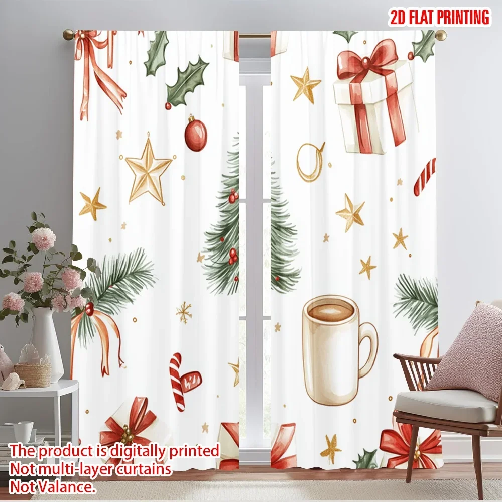 2pcs,2D plane printing Curtain Fabric Christmas Tree Gifts Stars 100% Polyester (without rod) All Seasons Ldeal for Bedroom