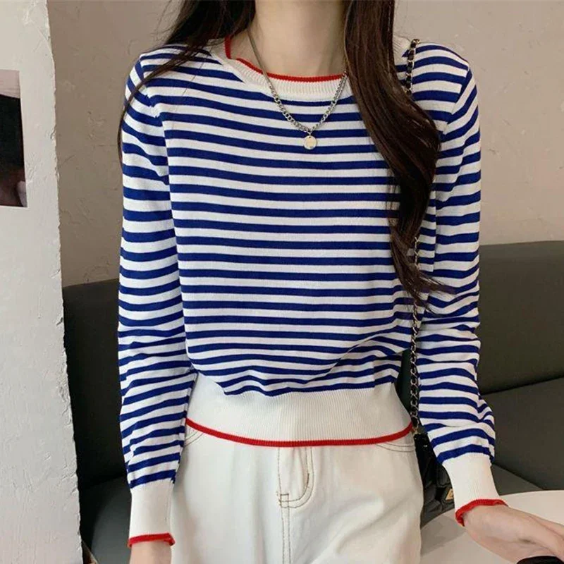 

Pop Womens Striped Knitted Sweater Spring Autumn Casual Round Neck Long Sleeve Sweaters For Women Pullover Knitwear Tops Mujer