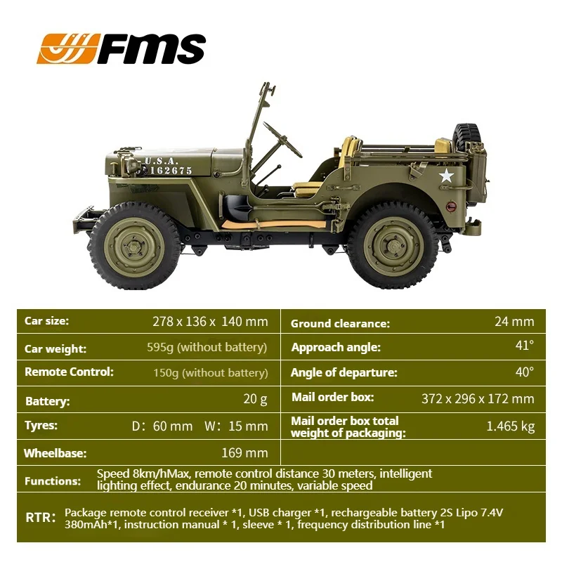 Modèle de voiture FMS échelle 1:12 Willys télécommande électrique tout-terrain RC voiture d'escalade Simulation décoration jouet véhicule à collectionner