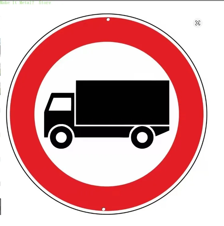 No Trucks Allowed Round Tin Sign, Red Circle Traffic Prohibition Metal Wall Plaque, Industrial Decor for Garage, Warehouse, Road