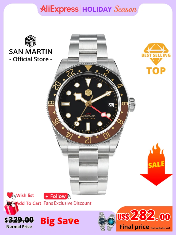 

San Martin Root Beer Classic Vintage Luxury Men's Watch 39mm NH34 GMT Automatic Mechanical Watch Sapphire Waterproof 100m SN0109