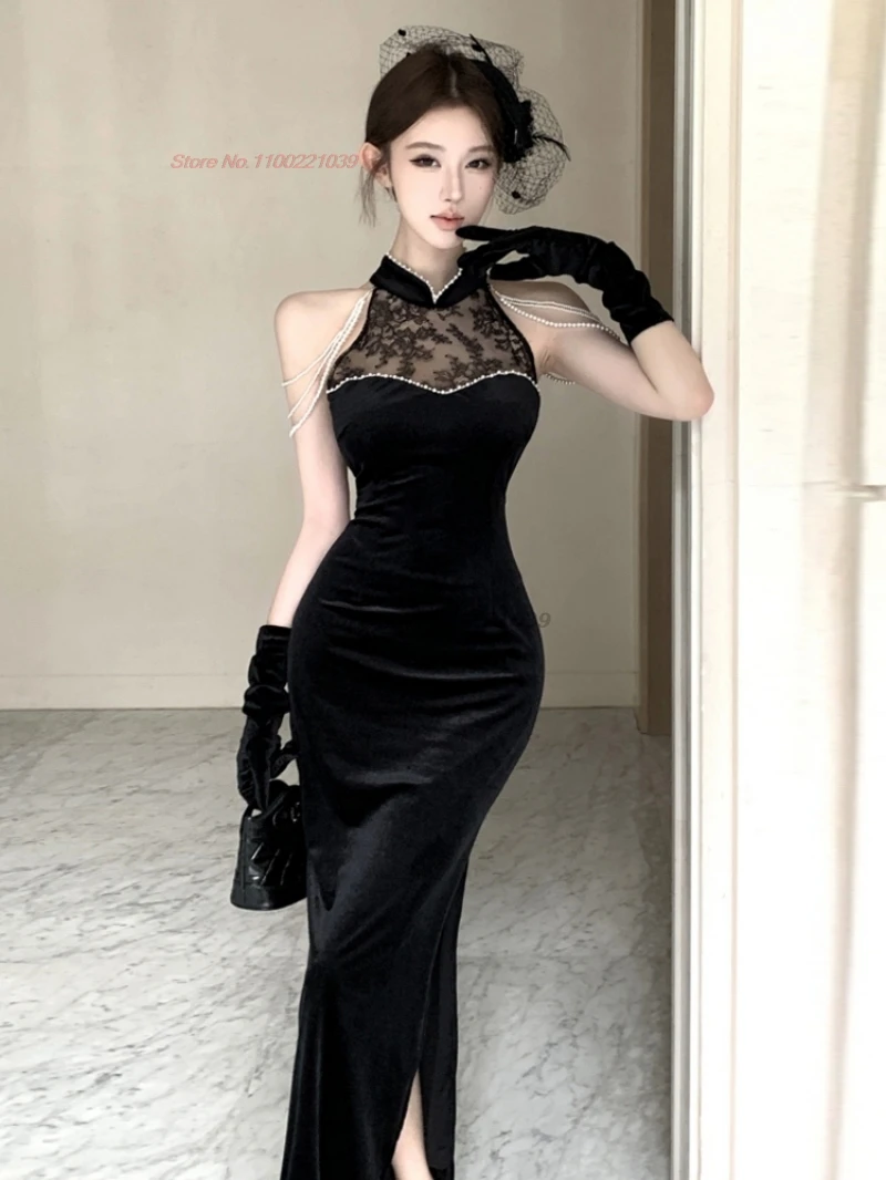 

Традиционное сексуальное Ципао 925, кружевное бархатное лоскутное платье Cheongsam, вечернее платье для ночного клуба, Cheongsam без рукавов, банкетное вечернее платье