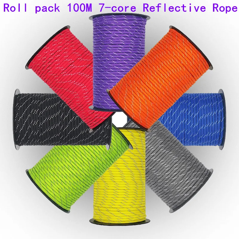 Ao ar livre 7-core paracord alta reflexiva paraquedista corda de sobrevivência de emergência tenda puxar corda paracord 550 100m