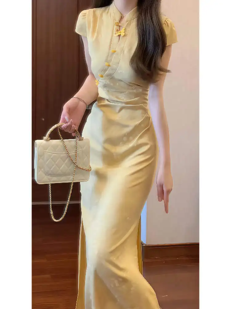 

Fashionable Slim Fit Long Qipao Dress New Chinese Style National Trend Improved Dress Summer New Arrival