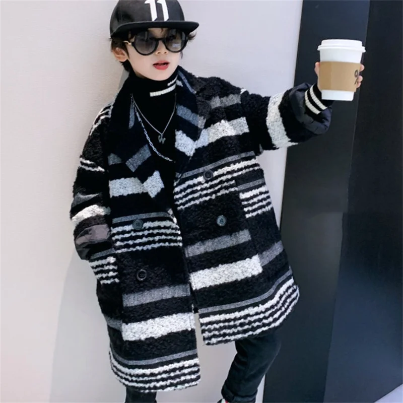 

Шерстяное пальто для мальчиков, пальто, куртка, ветровка, 2022, теплая в полоску, утепленная осенне-зимняя хлопковая школьная детская одежда