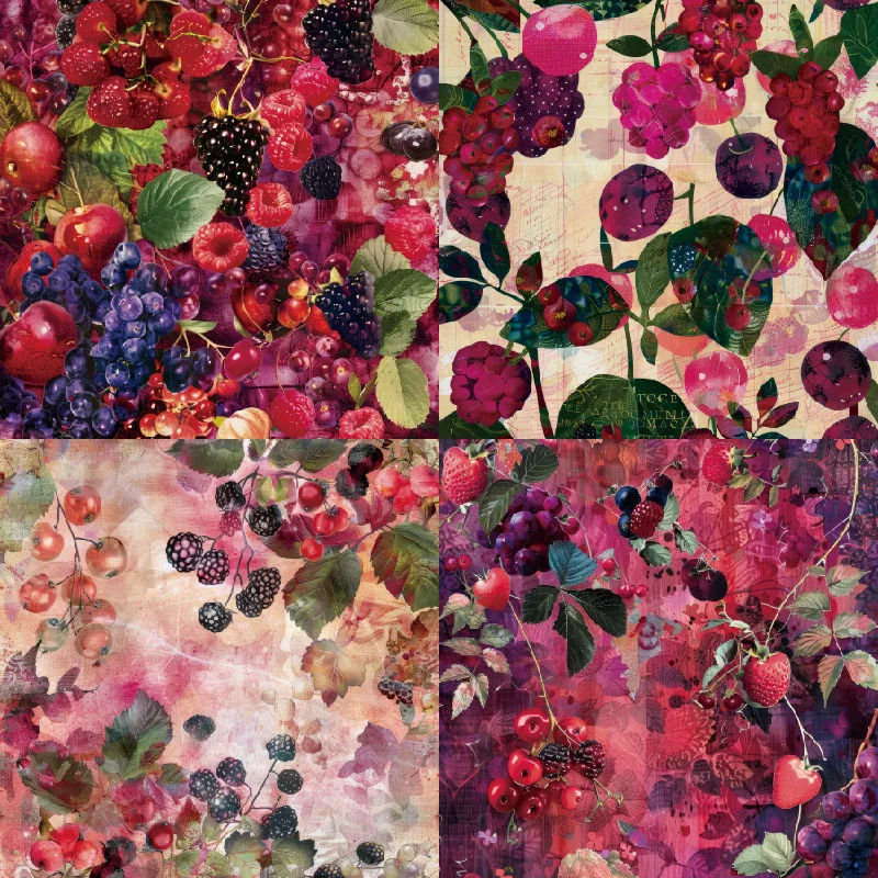 Vintage Sweet Berries Cherry Raspberry Blueberry Fruit Botanical Pattern Background Scrapbook Paper Cardmaking Junk Journal DIY