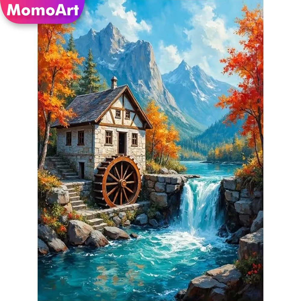 Momoart Diamant-Mosaik Haus-Landschaft Vollquadrat Rundes Diamant-Gemälde Fluss DIY Kreuzstich-Stickerei Handgemachtes Geschenk