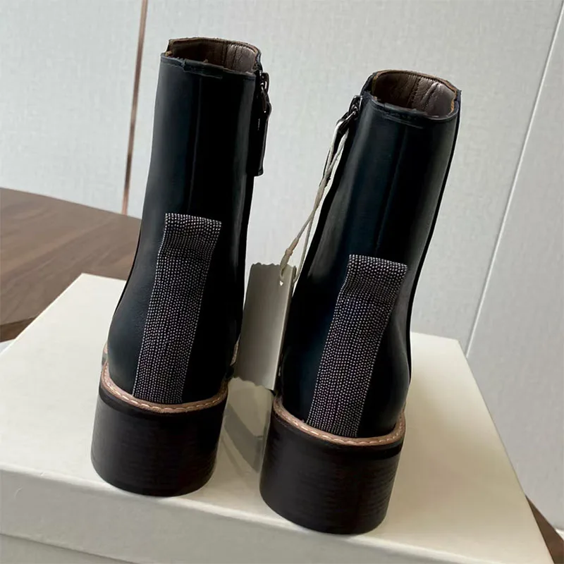 جديد جلد الغزال حذاء من الجلد سلسلة نسائية سلسلة حبة كعب مربع أحذية امرأة جولة تو دراجة نارية أحذية بوت قصيرة النساء بوتاس #4