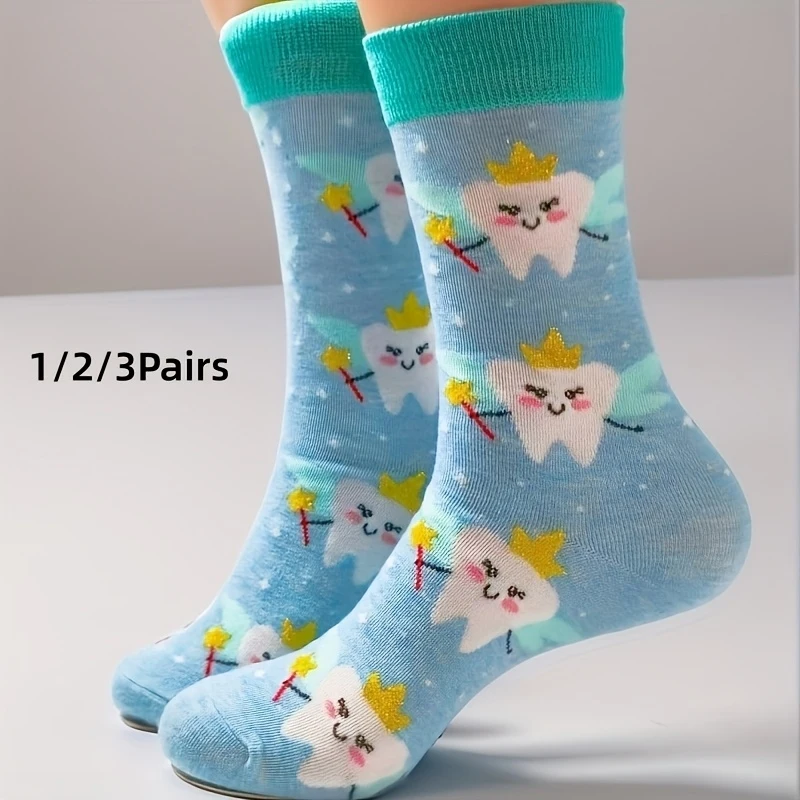 10 Pairs Four-season Cartoon Tooth Pattern Long Socks, Fashionable Trendy Creative Indoor Outdoor Colorful Eye-catching Sox