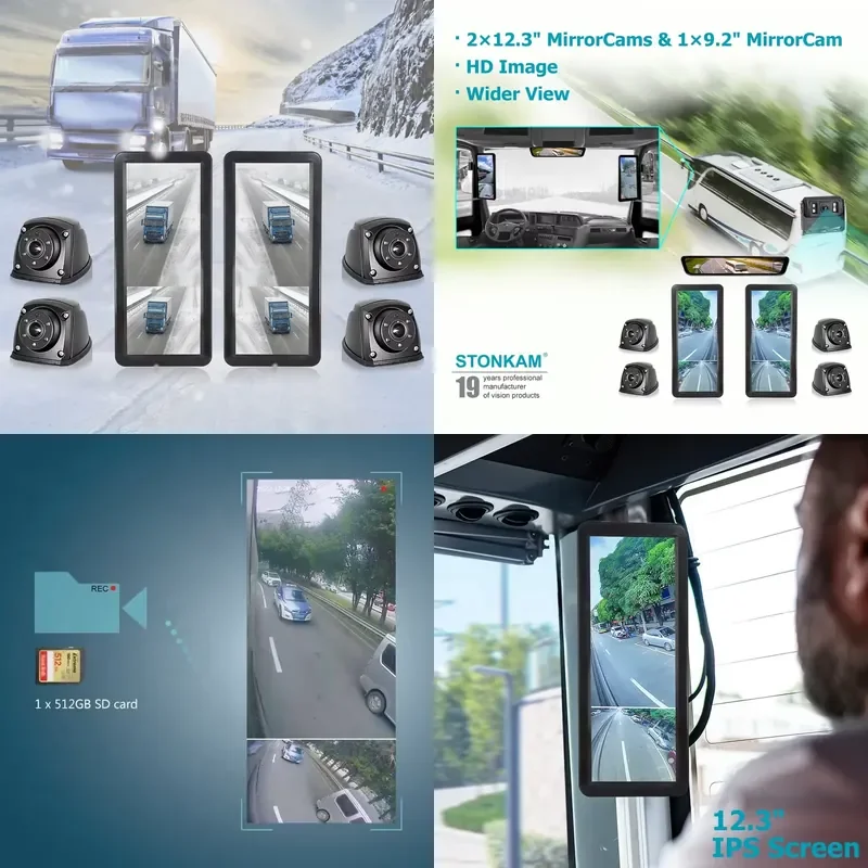 STONKAM 12.3 Inch Bus Display Side Mirror Rear View Electronic Mirror Camera System Video Recorder Blind Spot Mirror