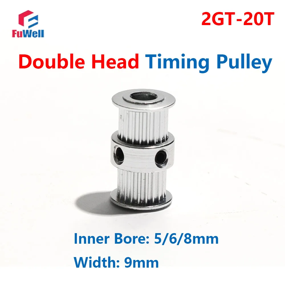 FuWell 2GT Double Head Timing Pulley 20T-20T Teeth GT2 Belt Pulley 5/6/8mm Bore 9mm Width Synchronous Transmission Pulley GT2M20