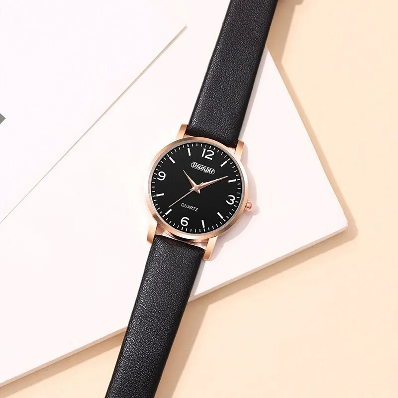 4pcs Couple Quartz Wristwatch Set Couple Fashion Black Leather Strap Quartz Watch Luxury Chain Gold Silver Bracelet Set