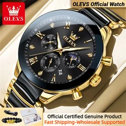 OLEVS Original Quartz Watch for Men Ceramic Watch Strap Waterproof Moon Phase Multifunctional Wristwatch Business Hand Clock NEW