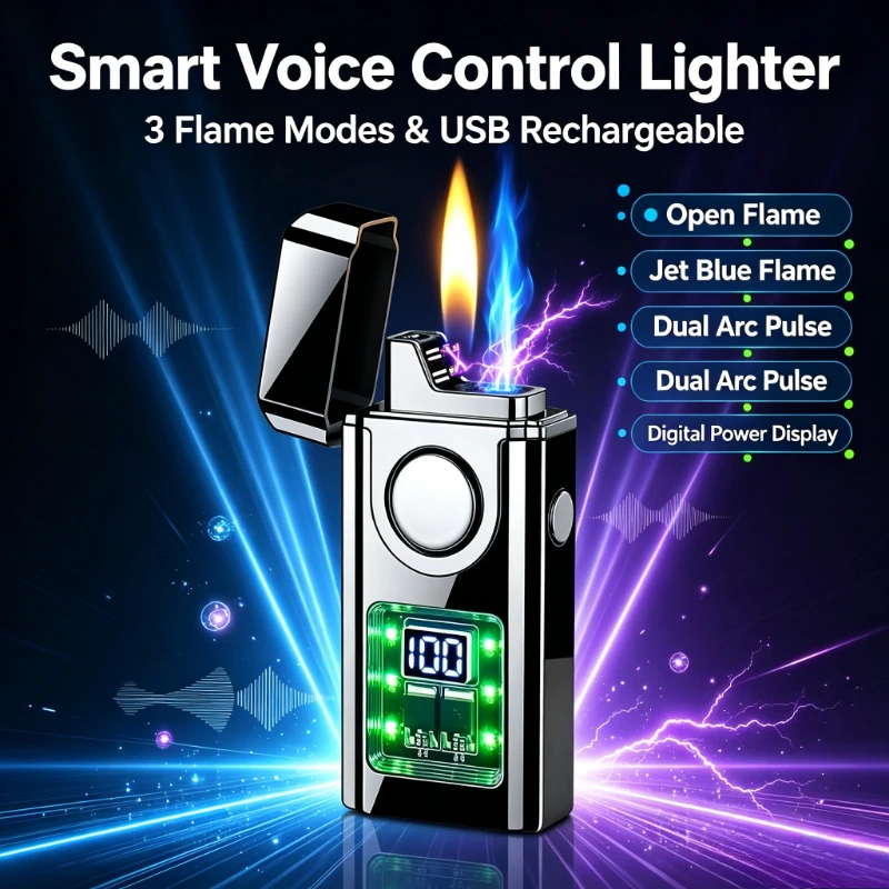 3‑Flame Multimode Lighter,Intelligent Voice Control,Butane Gas Open‑Jet Blue Flame Dual‑Arc Pulse USB Rechargeable Ignition Tool