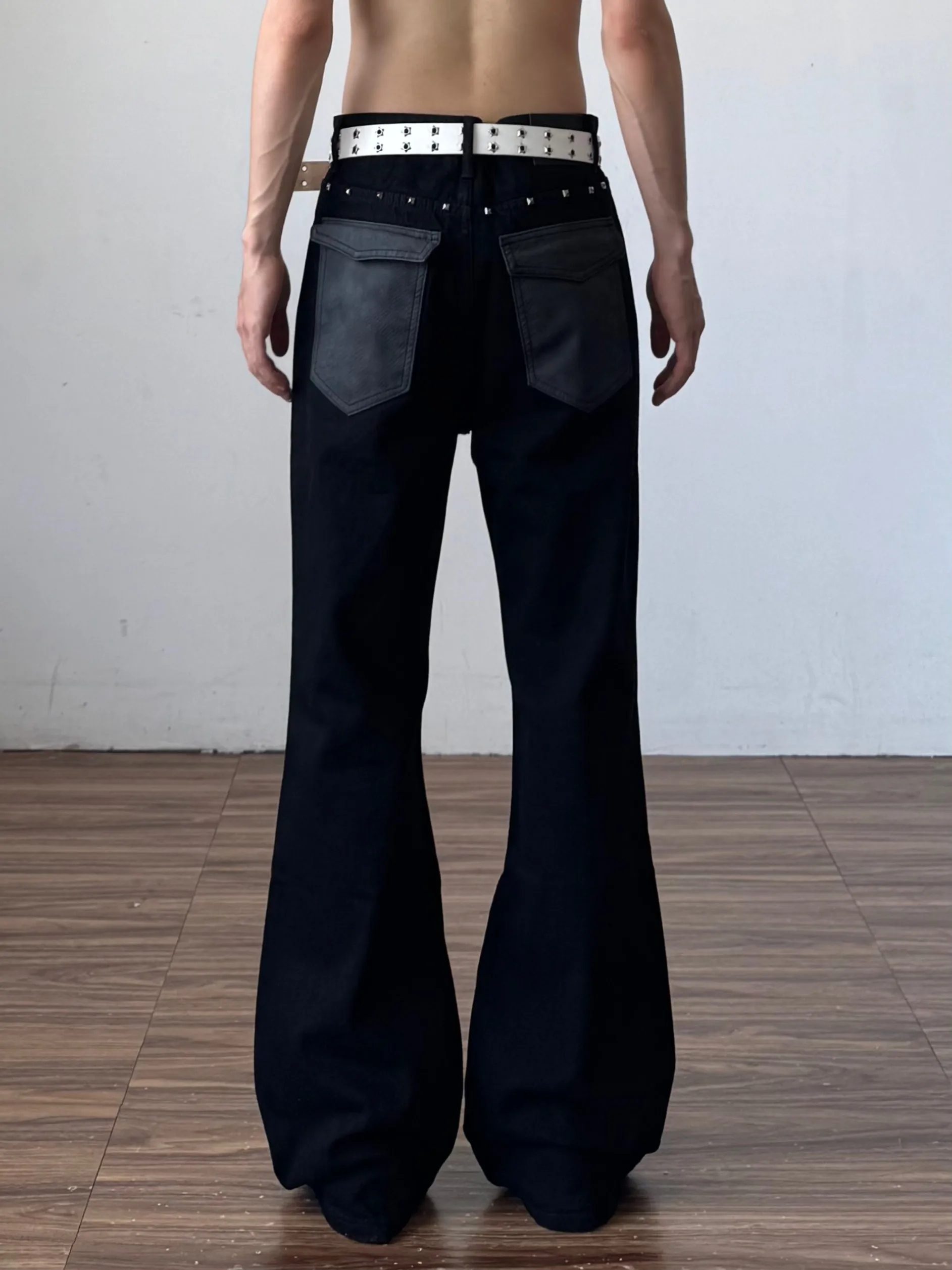 Men's Snake Pattern Washed Rivet Flared Jeans Straight Leg Casual Trousers Loose Fit mid Waist Zipper Closure Blue Denim