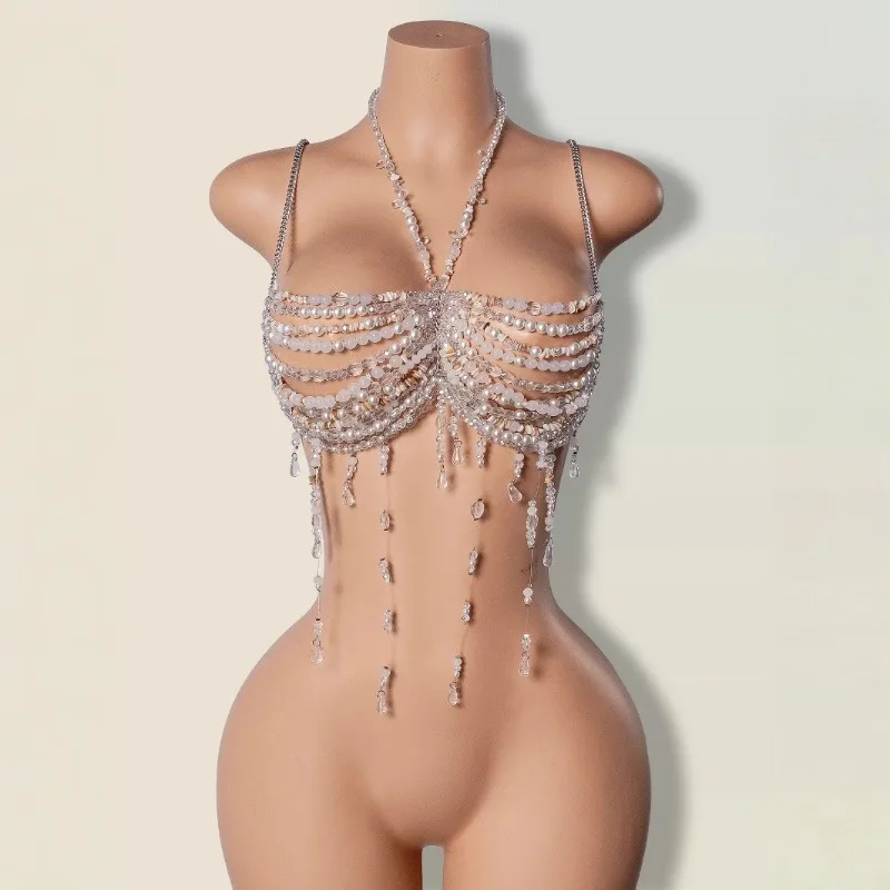 

Hollow Out Beaded Crystal Rhinestones Tassel Bra Women Sexy Spaghetti Straps Halter Backless Bikini Body Chain Club Party Vests