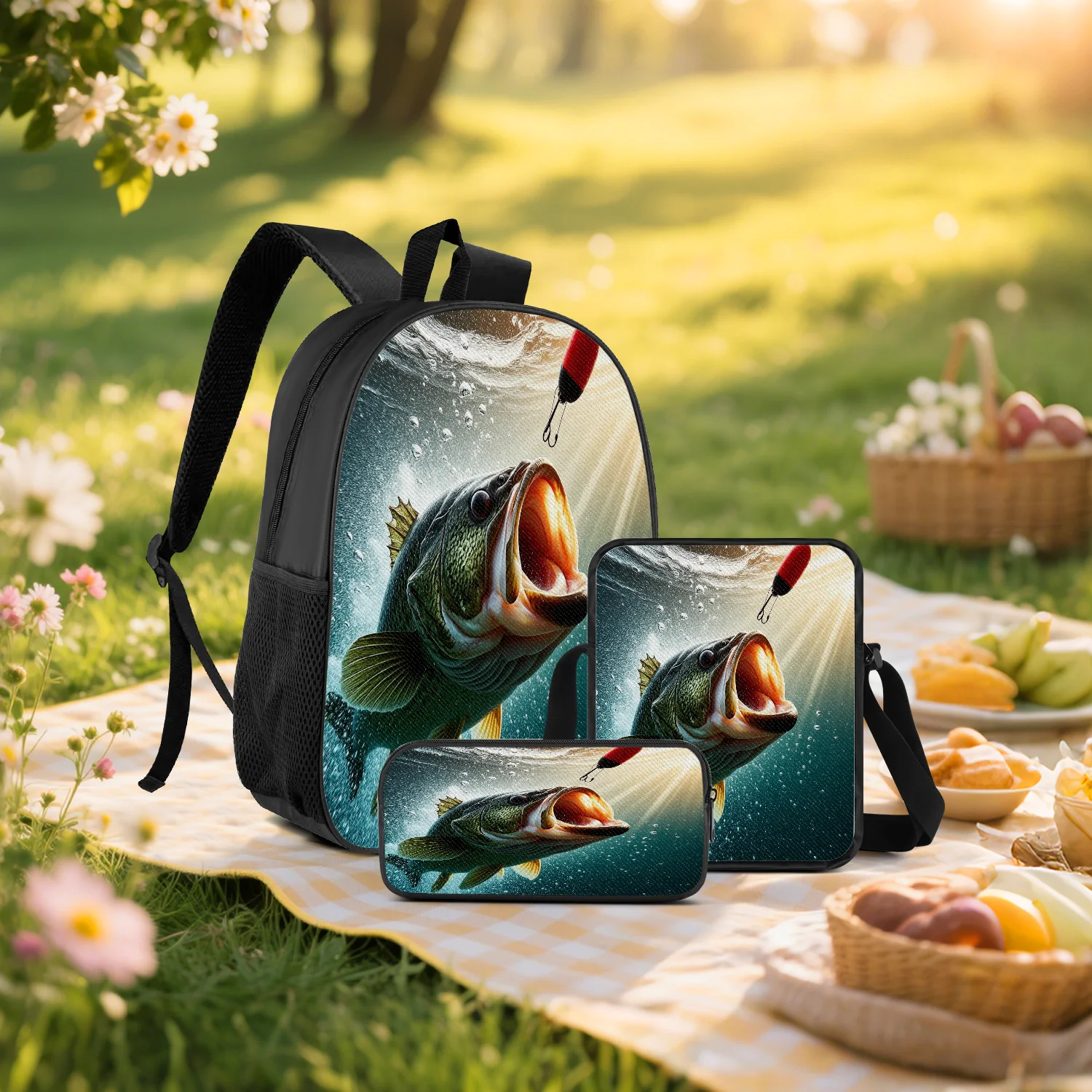 3-Piece Bass Fishing Print Backpack Set, Includes Backpack, Crossbody Bag and Pencil Case, Lightweight Unisex