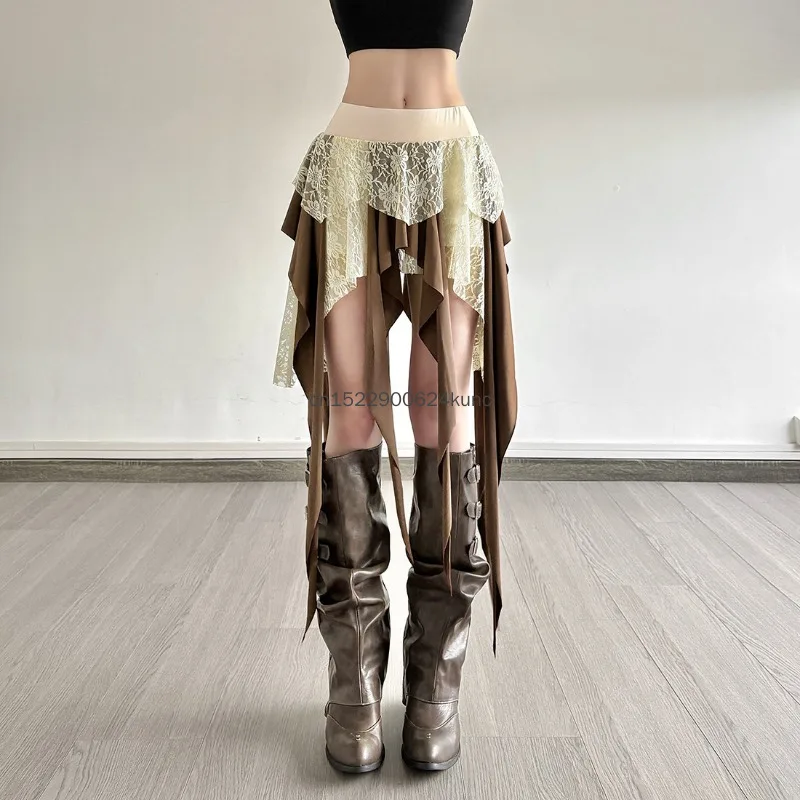 Hotsweet Girl Lace Fringe Skirt Y2k Aesthetic Cyber Grunge Irregular Mini Skirt Women 90s Vintage Fairy Coquette Short Skirt
