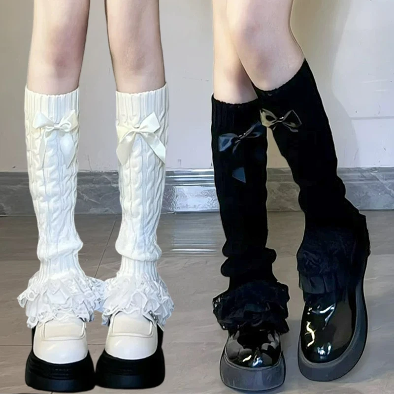 

Japanese Harajuku Bow Leg Warmers Black White Over Knee Pile Socks Y2K Women Fashion Harajuku Leg Covers Stockings Warmers