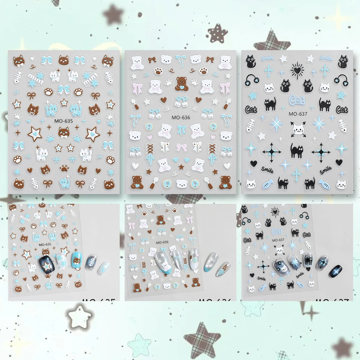 3/6 ورقة النعناع الشوكولاته لهجة مسمار الفن ملصقات، 5D تنقش لطيف القط الدب القوس ستار مسمار الشارات لأظافر الجل البني Kawaii #2