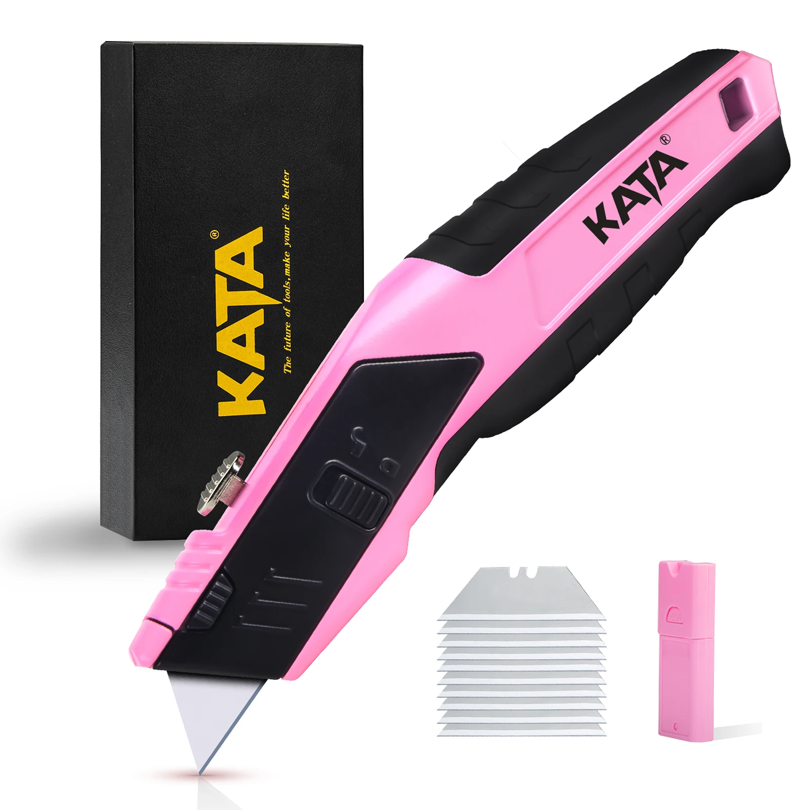 KATA Retractable Pink Utility Knife, Heavy Duty Box Knife for Cartons and Boxes Comes with 10 Extra Blades Exquisite Packaging