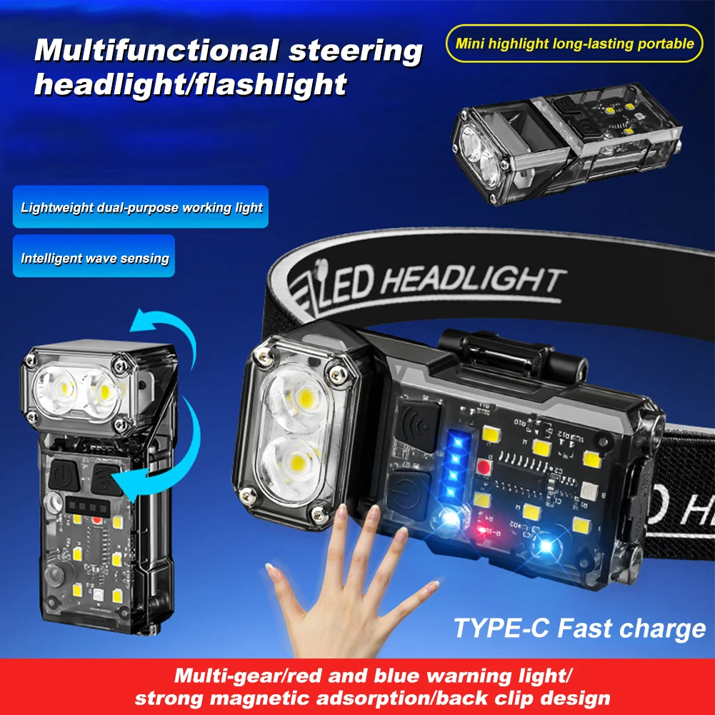 Senter Sudut LED Sensor Gerak Lampu Depan Kecerahan Tinggi 300LM Senter Multifungsi 1200MAh untuk Memancing Luar Ruangan Berkemah Mendaki