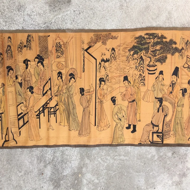 Chinese Old Long Scroll Mural Painting Calligraphy Collectible Night Banquet Picture Traditional Art Decorative Roll