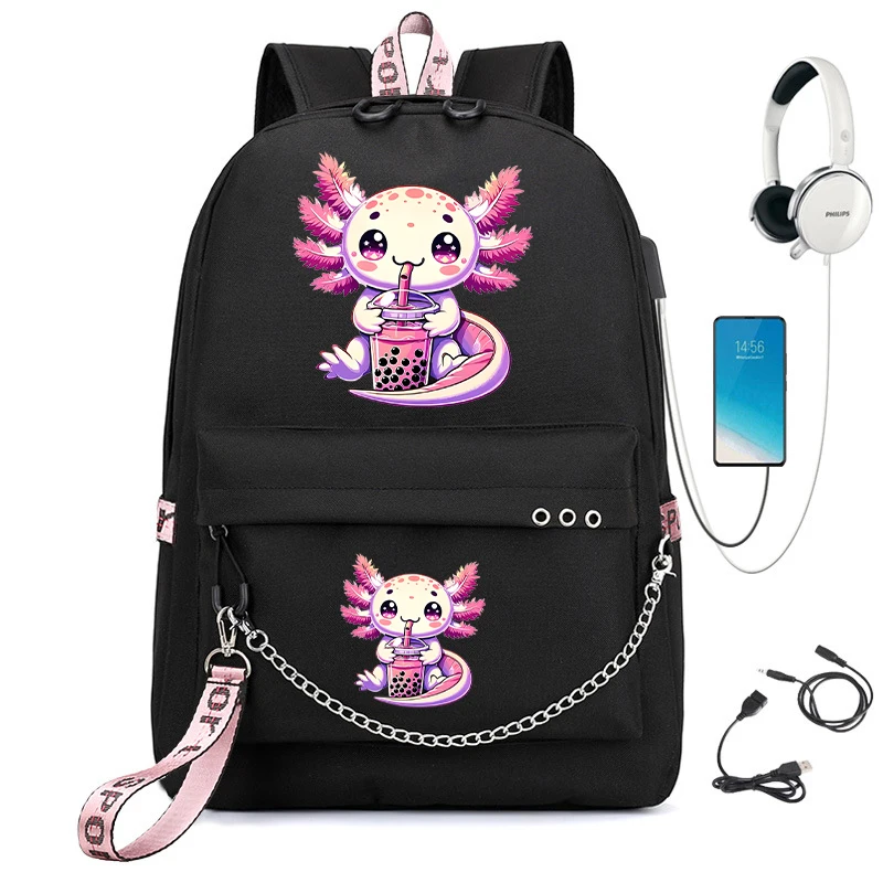 Boba Axolotl Bubble Tea Anime Teens Backpack Back Pack Kawaii Waterproof School Students Junior High School Bag Backpack Mochila